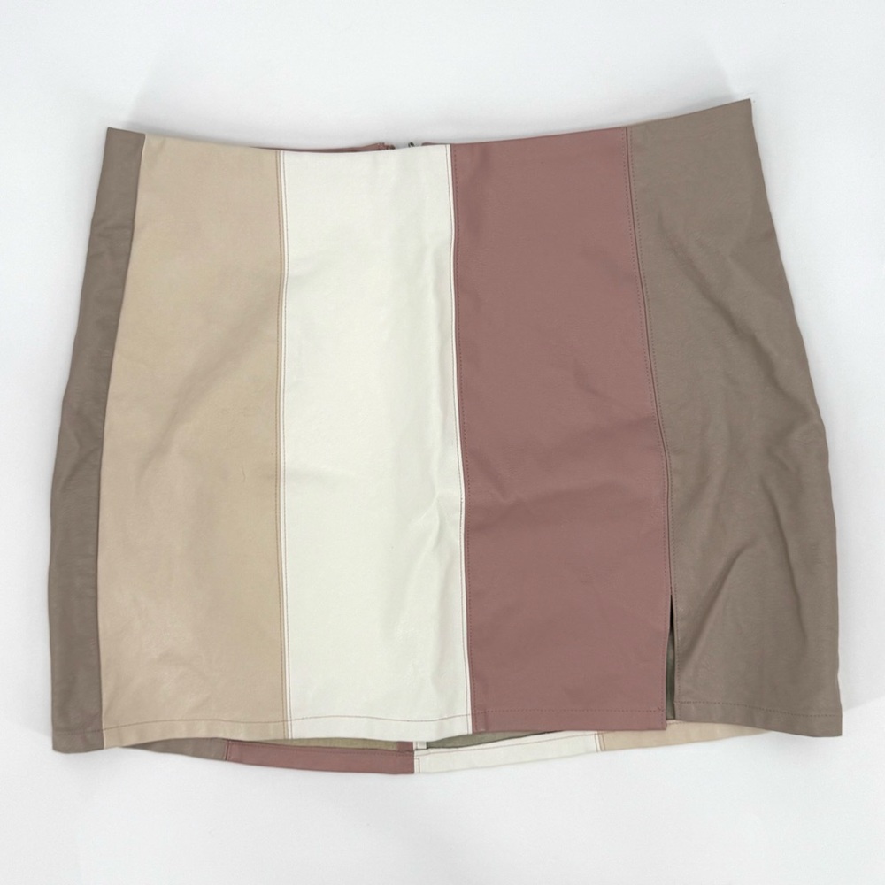 Faux Leather Mini Skirt Side Slit Colorblock Blush Cream Back Zip Girlhoodcore